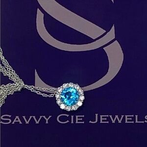 NWT SAVVY Cie Sky Blue Cubic Zirconia Rhodium Plated Silver Chain Halo N…